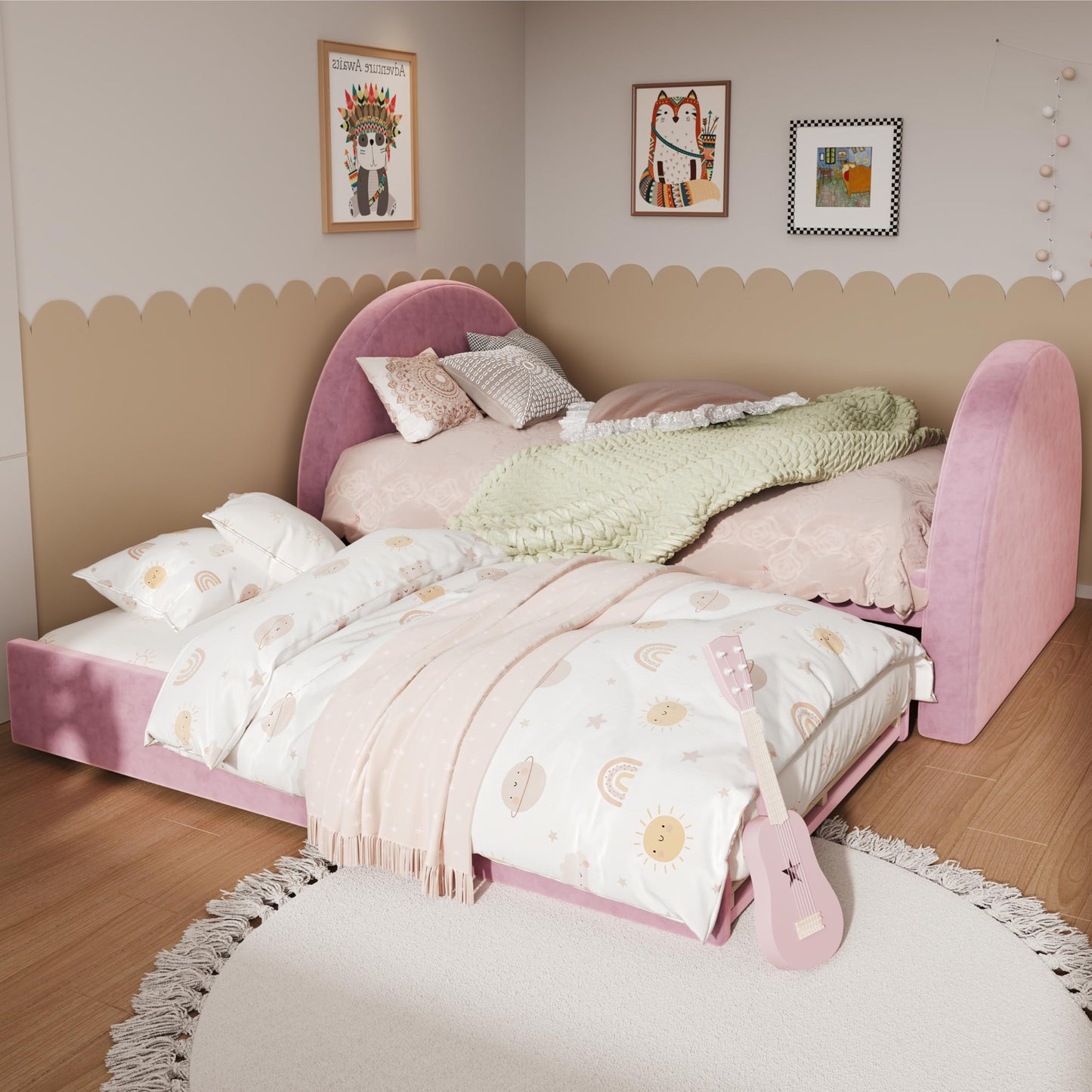 Christopher Knight Home Leonhart Velvet Upholstered Twin Size Bed Frames with Headboard/Footboard, Day Bed Frame Twin with Pull-Out Functionality, Iron Frame + Wooden Slat Trundle Bed Twin, Pink