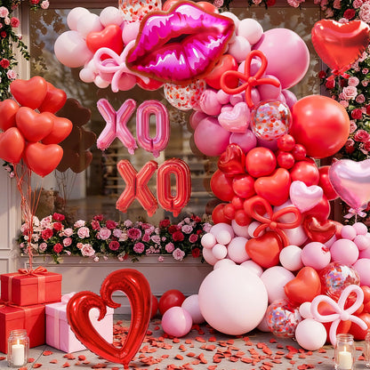 Pink and Red Balloon Garland Arch Kit, Coquette Birthday Decorations with 570pcs Red Pink Heart Confetti Balloons, Heart Lip XOXO Star Foil Balloons, Rose Petals for Wedding Romantic Decorations