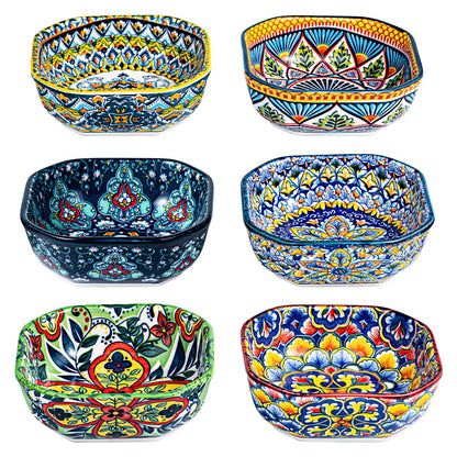 HENXFEN LEAD Boho Dipping Bowls – 8 oz Small Ceramic Snack Bowls, Square Soy Sauce Dish for Dips, Salsa, Side Dishes, Dessert – 4.3 Inch Appetizer Plates Set of 6