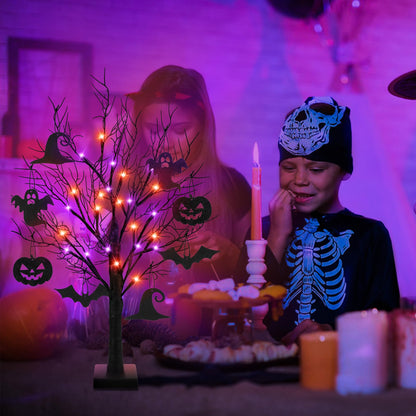 [Timer] 2 Pack 24 Inch Halloween Decorations Indoor, Black Halloween Tree with 24 LED Orange Purple Lights & 16 Pumpkin Bat Ghost Witch Hat, USB/Battery Operated Table Decorations Home Party