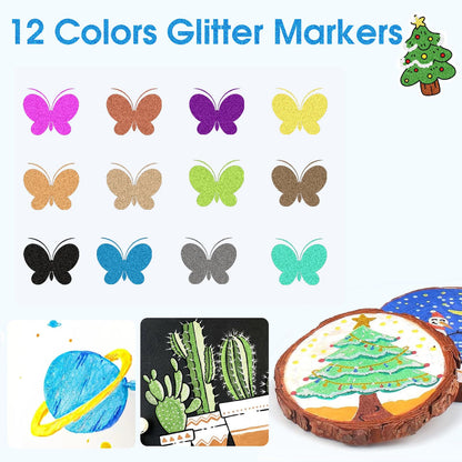 Celepen Glitter Marker Pens, 12 Colors Metallic Shimmer Glitter Markers Paint Pens, Glitter Art Marker for Adults DIY Crafts Greeting Birthday Cards Making Poster Album Scrapbooking Wood