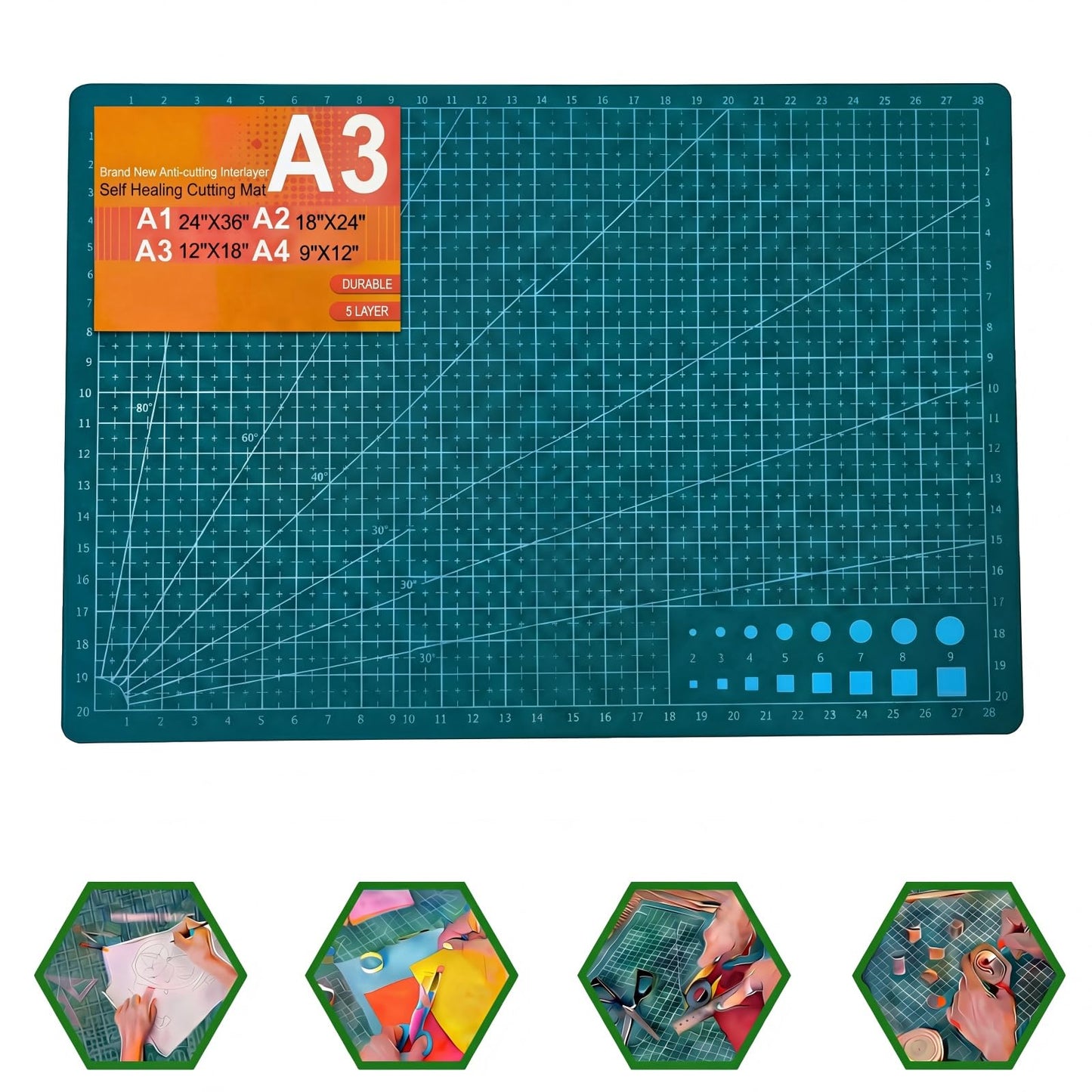 THMINS Self-Healing Sewing Mat, 12"18", 5-Ply Double-Sided Rotating Cutting Mat for Precision Sewing, Fabric Cutting, Crafts and Scrapbooking, A3, Green