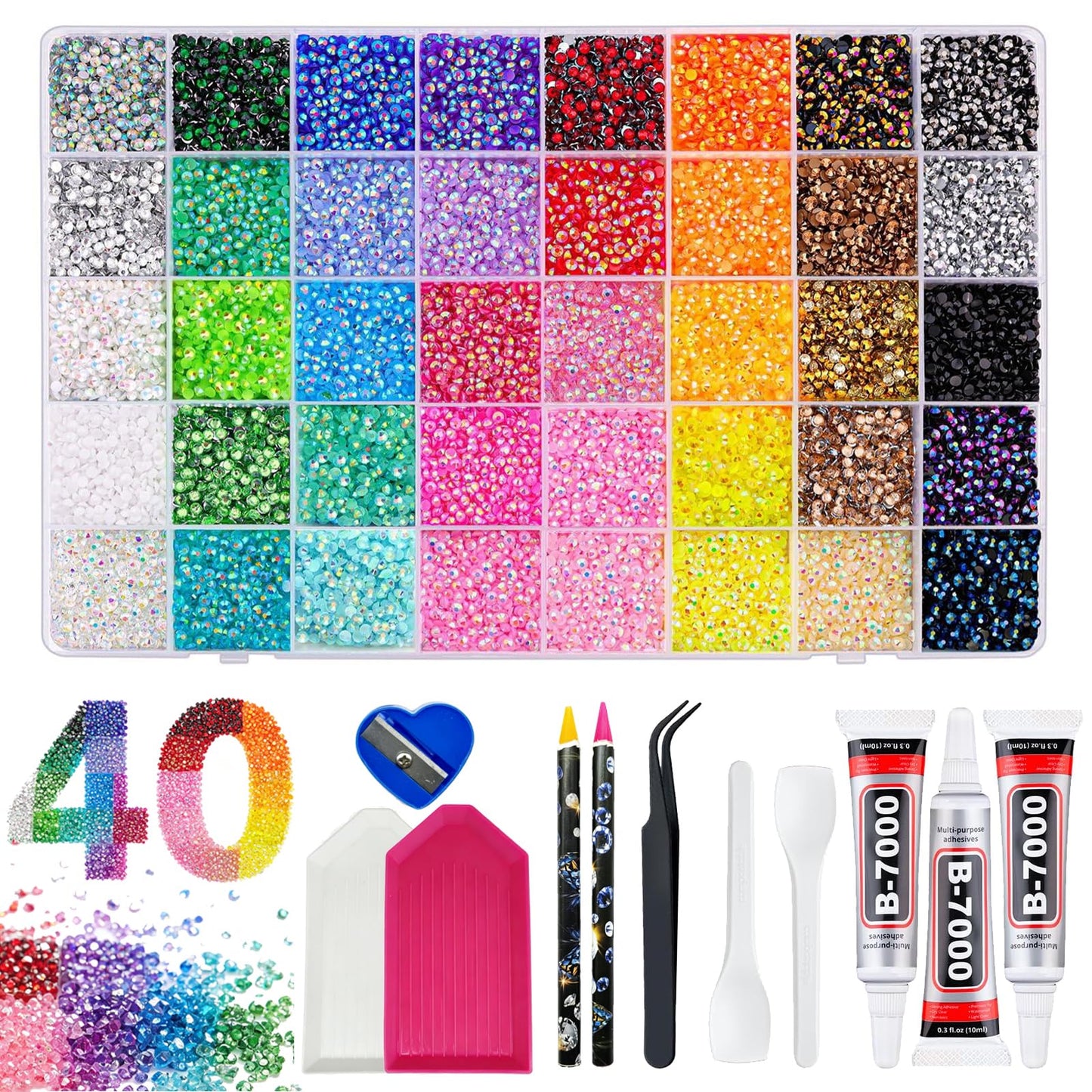 40 Colors Resin Jelly Rhinestones for Bedazzling, 32000Pcs 3mm Flatback Gems with 3Pcs 10ml B7000 Jewelry Glue & Tools, All-in-One Bedazzling Kit for Crafting Book Shoes Clothing Nail Diamond Art