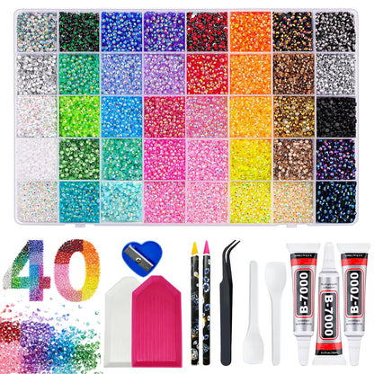 40 Colors Resin Jelly Rhinestones for Bedazzling, 32000Pcs 3mm Flatback Gems with 3Pcs 10ml B7000 Jewelry Glue & Tools, All-in-One Bedazzling Kit for Crafting Book Shoes Clothing Nail Diamond Art