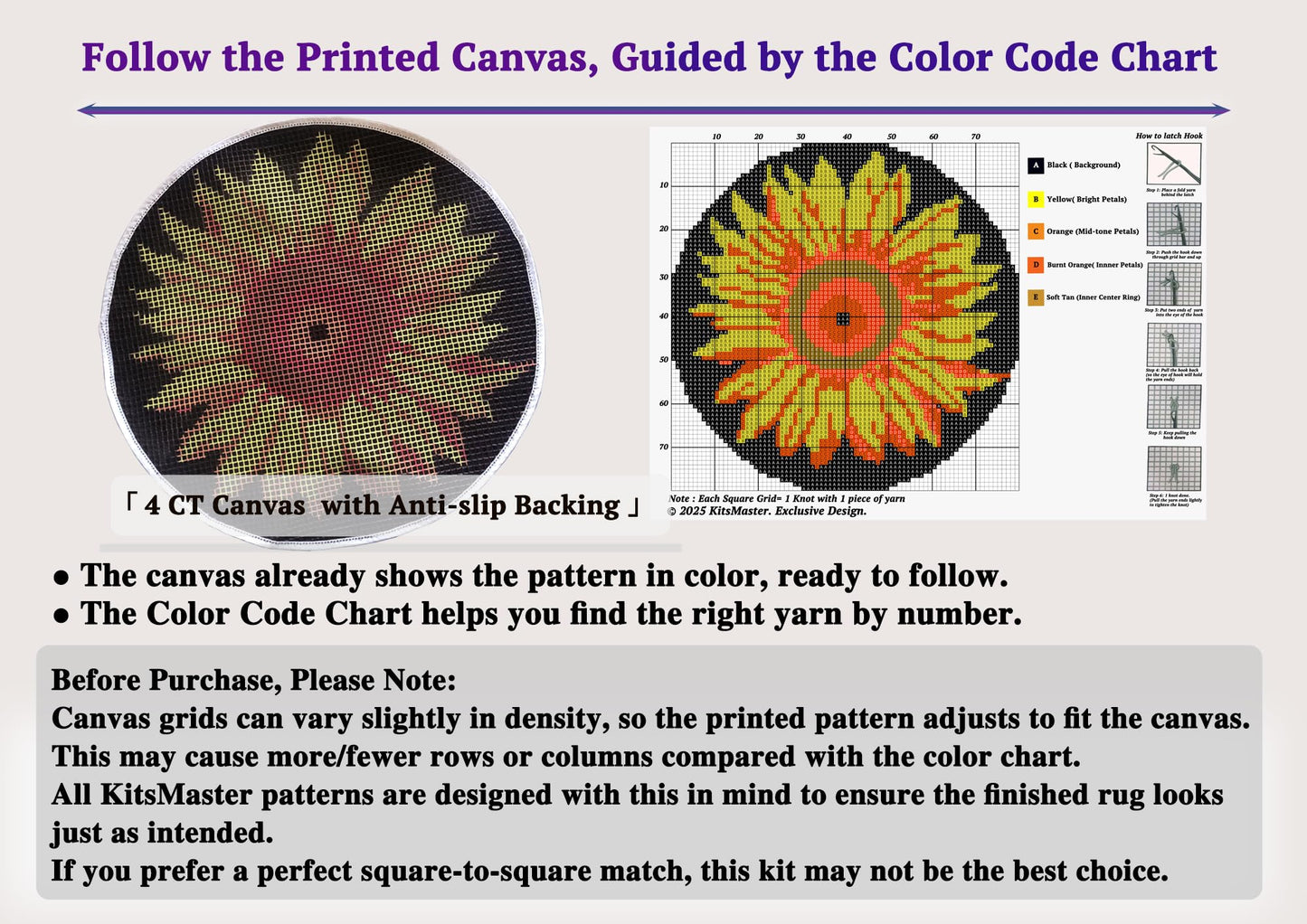 KitsMaster Golden Sunflower Latch Hook Kits for Beginner, Beginner-Friendly Round Floral Rug with Pre-Printed Canvas, 20''x20'' (Sunburst Flower)