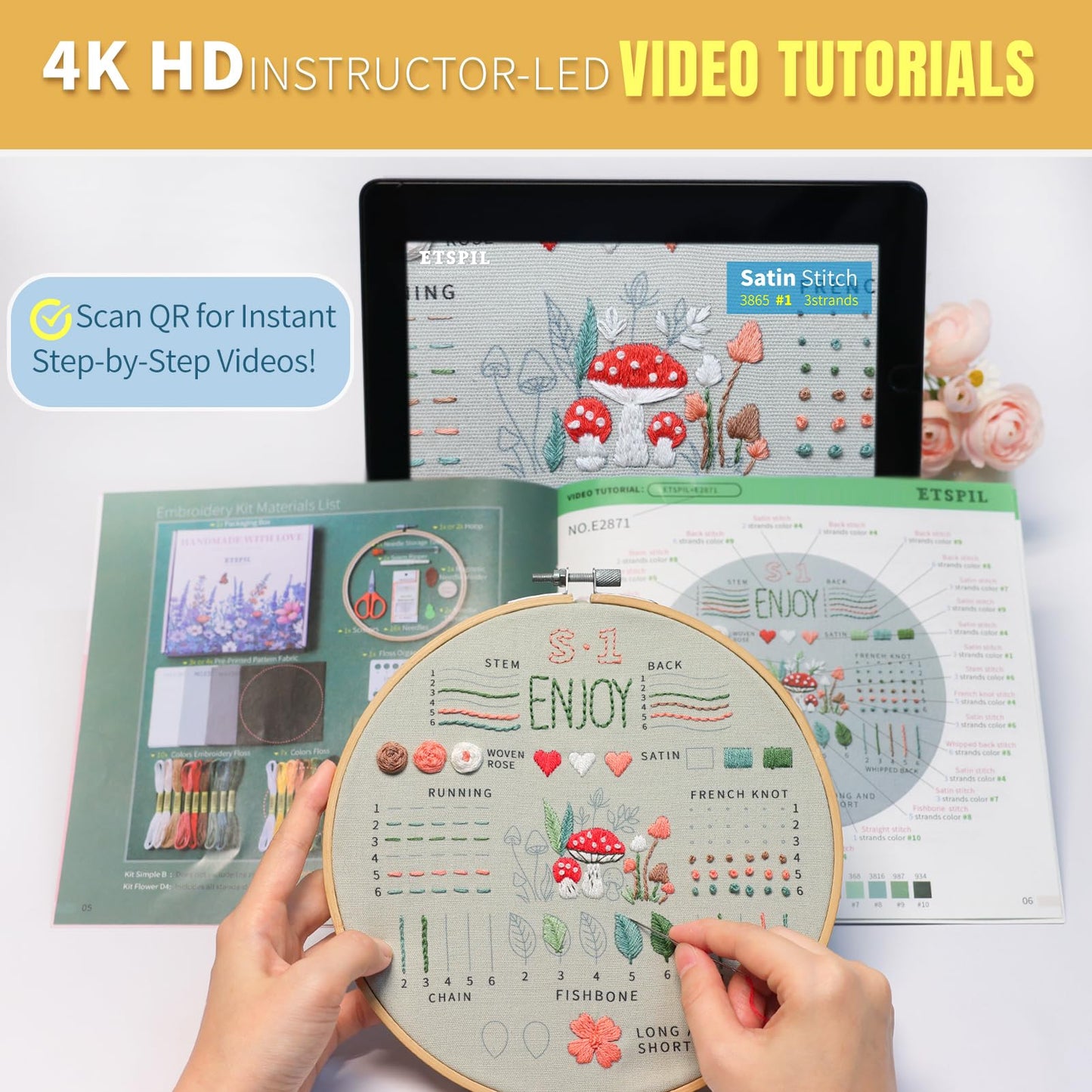 ETSPIL Embroidery Kit for Beginners, Magnetic Needle Minder & 4K Video Tutorials, Pre-Printed Floral Patterns, Bound Guide, Relaxing Screen-Free Craft for Women at Home