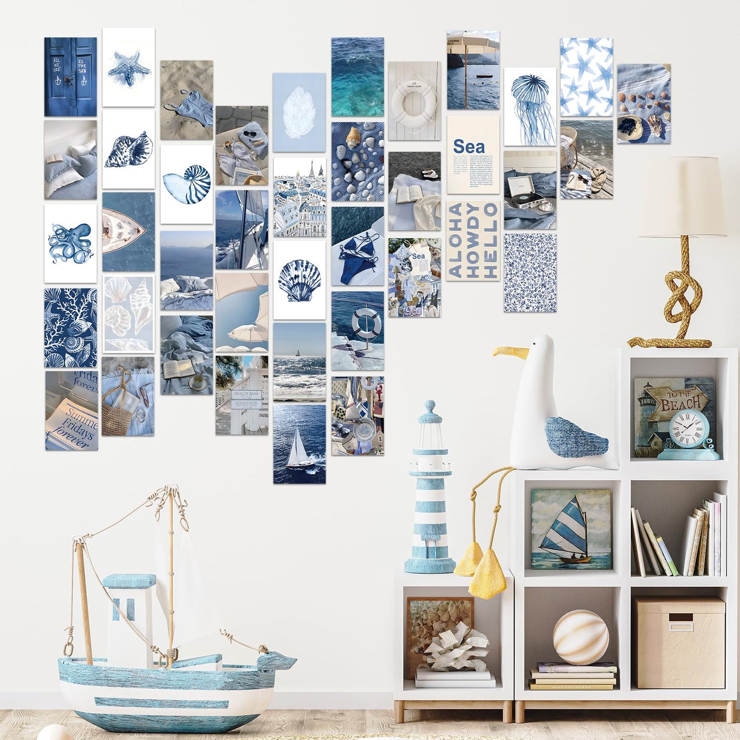 FYSUIMU 50Pcs Coastal Wall Collage Kit Art Print Aesthetic Blue Coastal Beach Surf Wall Decor for Bedroom Dorm Preppy Room Home Decor, 4 x 6 Inch