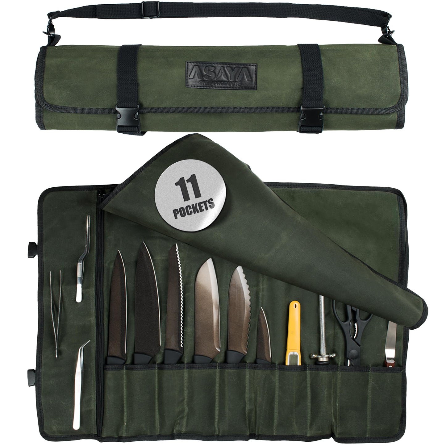 Asaya Waxed Canvas Chef Knife Roll Bag with 10 Slots and a Zipper Pocket - Professional Chef Knife Bag & Storage Case, with Shoulder Strap - Knives Not Included (Forest Green)