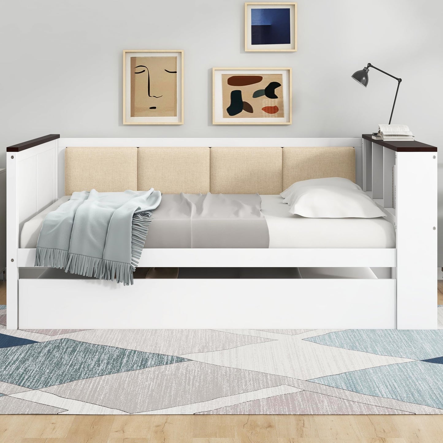 Ball & Cast Daybed with Trundle,Wood Full Size Daybed W/Storage Shelves and Upholstered Backrest & USB,Space Saving,No Box Spring Needed,Bedroom for Student Dorms,White