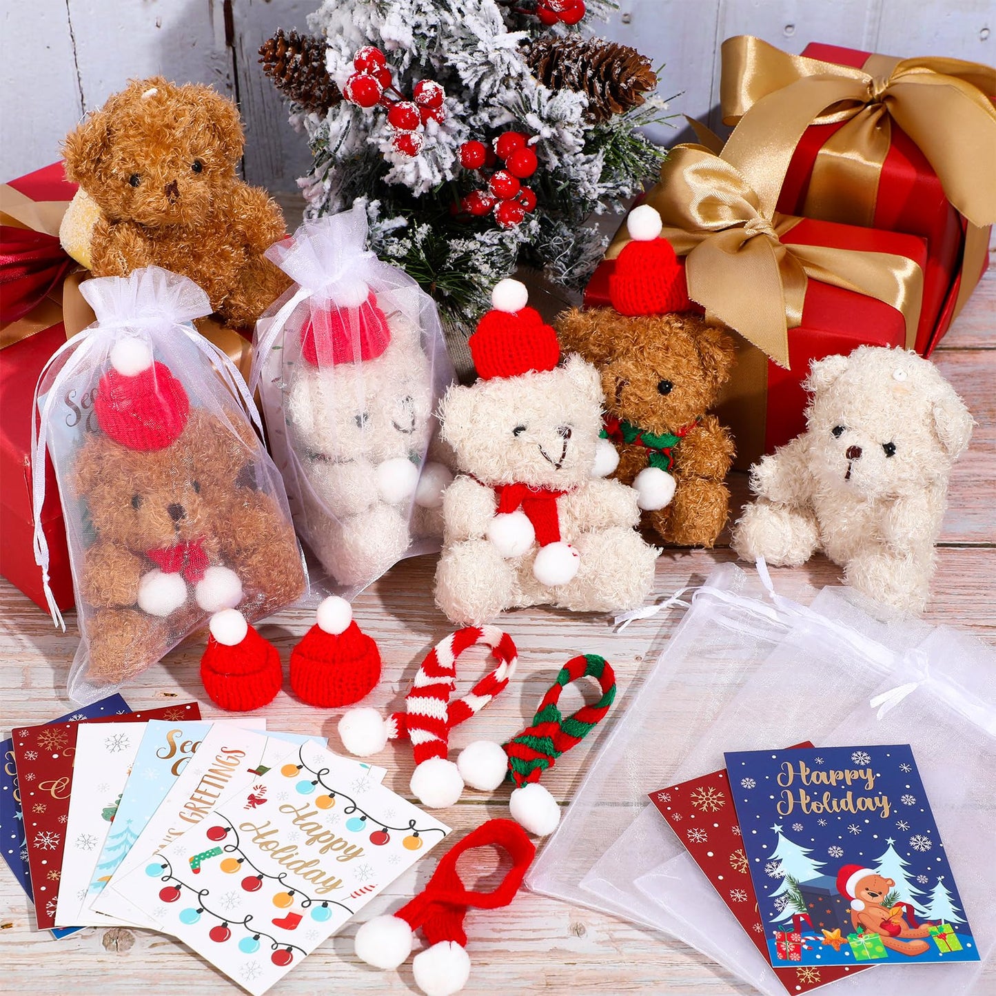 Poen 24 Set Christmas Gift 4 Inch Mini Christmas Stuffed Plush Bear with Santa Hat Scarf Cards Organza Bags Xmas Small Bear Toy Set for Holiday Party Favor(Cute Style)