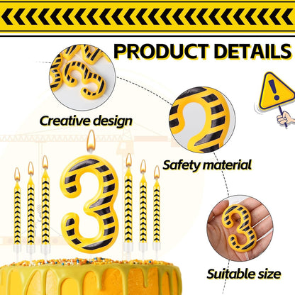 AXBMM 13 Set 12 3 3) Pcs Construction Themed Birthday Candles Yellow and Black Number Candle Cake Topper