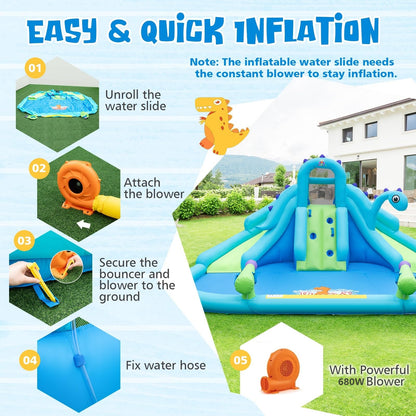 BOUNTECH Inflatable Water Slide Park with Dinosaur, Double Slides Water Park Bounce House w/Climbing Wall, Bouncy Castle with Blower for Outdoor Backyard, Blow up Water Slides Inflatables for Big Kids