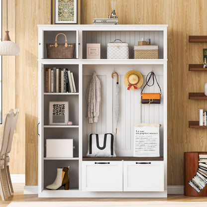 Merax 3-in-1 Hall Tree with Overhead Storage Cabinet, Adjustable Side Shelves,4 Hooks,2 Spacious Drawers,Grooved Back Panel Design, Contrasting Seat Bench,Multifunctional Entryway Organizer, White
