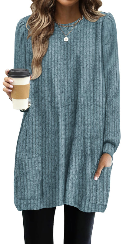 OFEEFAN Long Sleeve Shirts for Women Long Sweaters with Pockets Tunic Tops Loose Fit