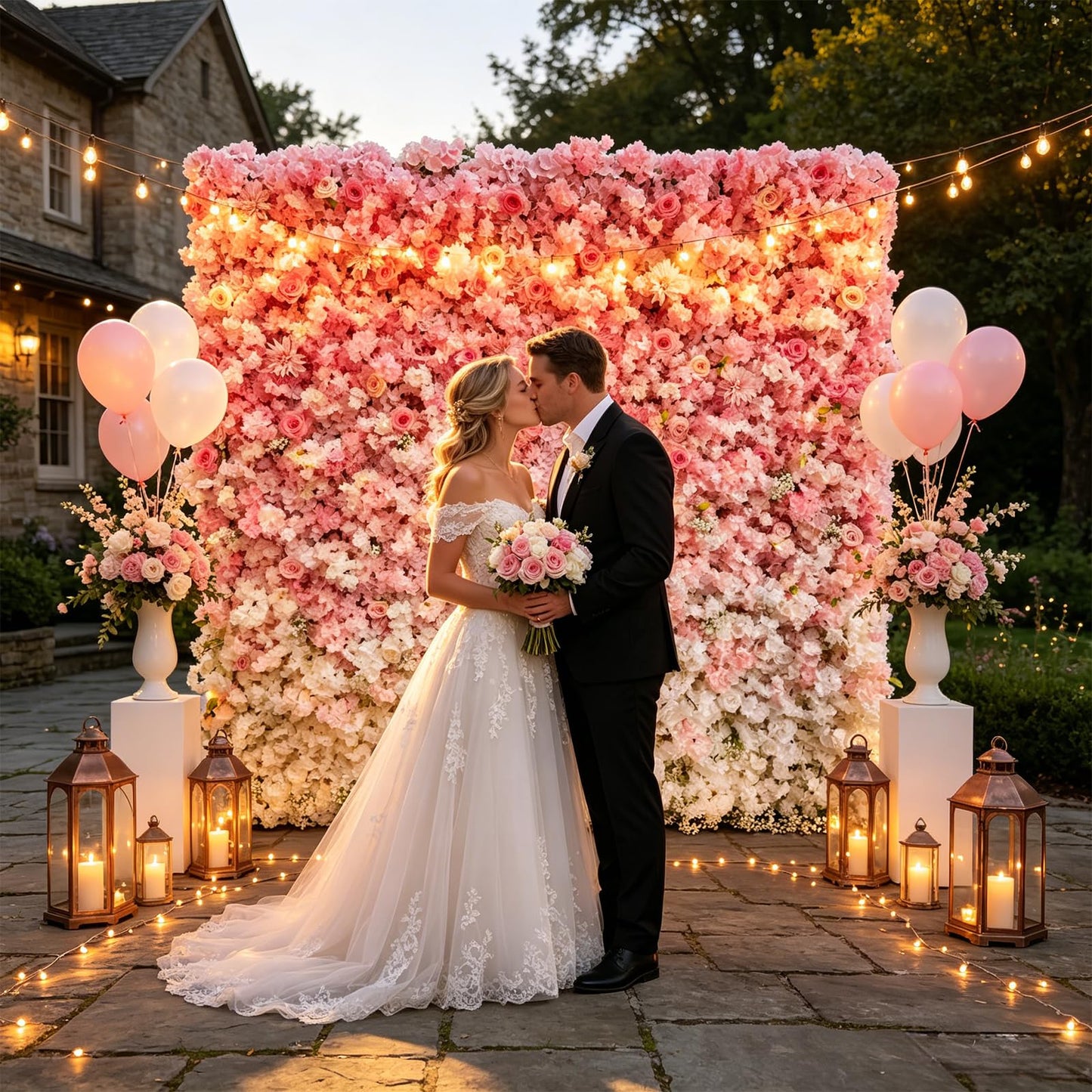 5D Realistic Rose Flower Wall Backdrop, 8×8FT Reusable Flower Wall Panel, Easy to Install & Store, Ideal for Wedding, Birthday Party & Home Decoration, Pink-to-White Gradient, Without Stand