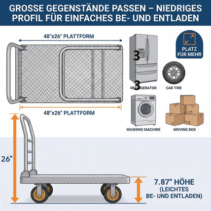 Chasesun 48" x 26" 2-in-1 Platform Truck Cart, 3650lbs Heavy Duty Flatbed Cart Dolly with Wheels, Industrial Cold Rolled Steel Push Cart for Warehouse & Moving, Includes 2 Pairs Gloves & Bungee Cord