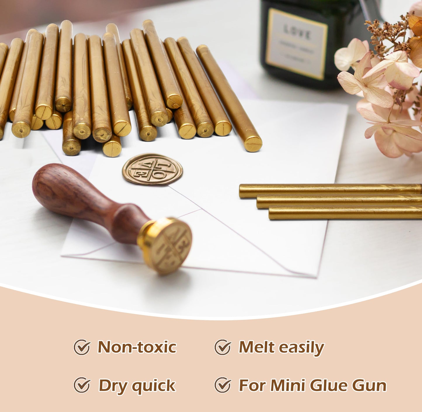 Pack of 50 Premium Mailable Glue Gun Sealing Wax Sticks for Mini Glue Guns – Antique Gold Wax Seals for Letters, Invitations, Cards, Envelopes & Gifts
