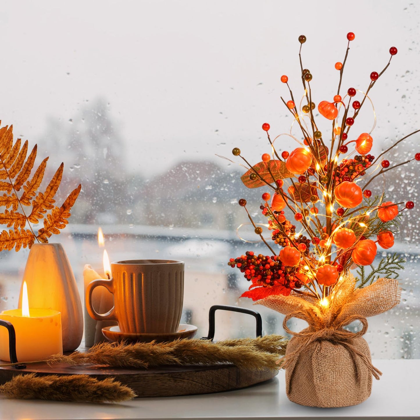 Pinkunn Fall Thanksgiving Centerpieces for Tables Decorations 16 Inch Lighted Fall Tree Tabletop with Artificial Pumpkins Berries Leaves Burlap Base Autumn Decor for Home Indoor Office Desk Party