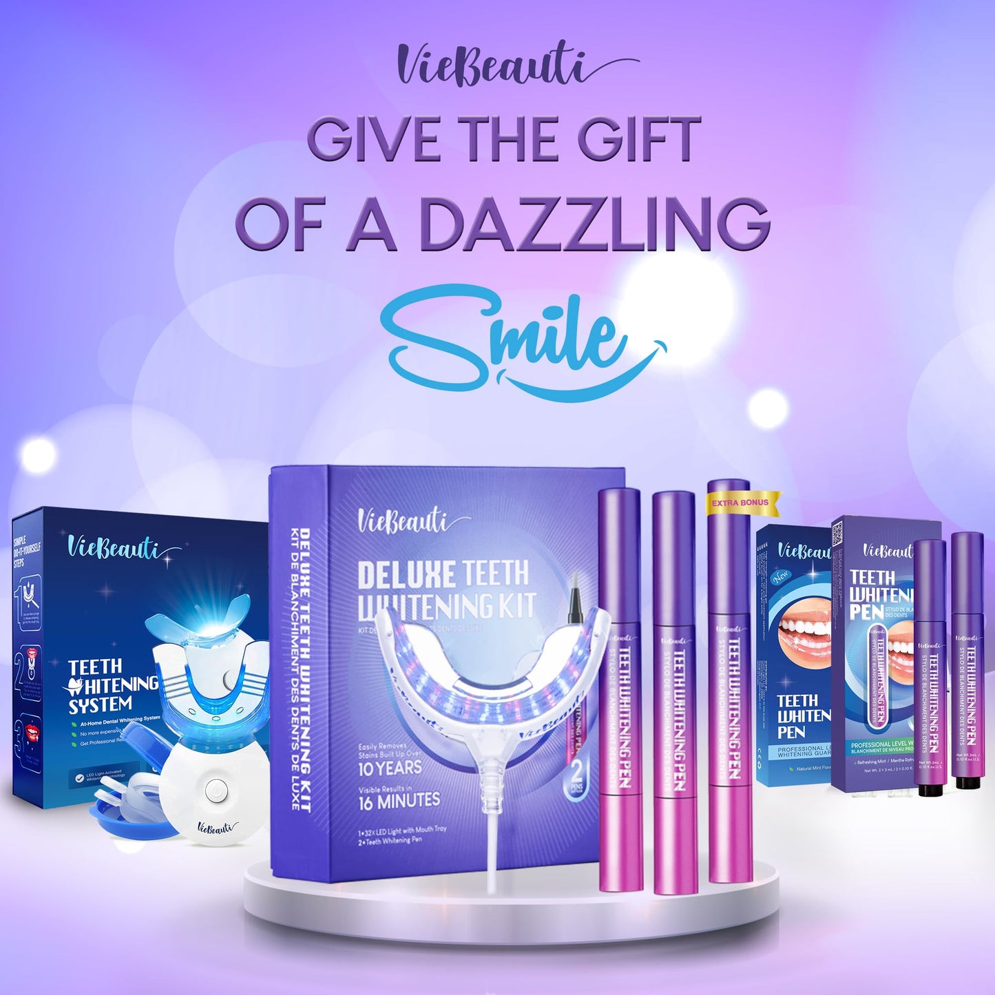 VieBeaut Teeth Whitening Kit – 32X LED Light + Gel Pen for Sensitive Teeth, Removes Stains from Food, Coffee, Wine & Smoking