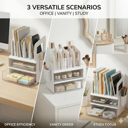 CiWiVOKi White Desk Organizer with 4 File Holder Slots, 2 Clear Drawers & Dual Pen Holders, Sturdy Multi-Functional Desktop Storage for Home Office, Mail Sorter & Caddy