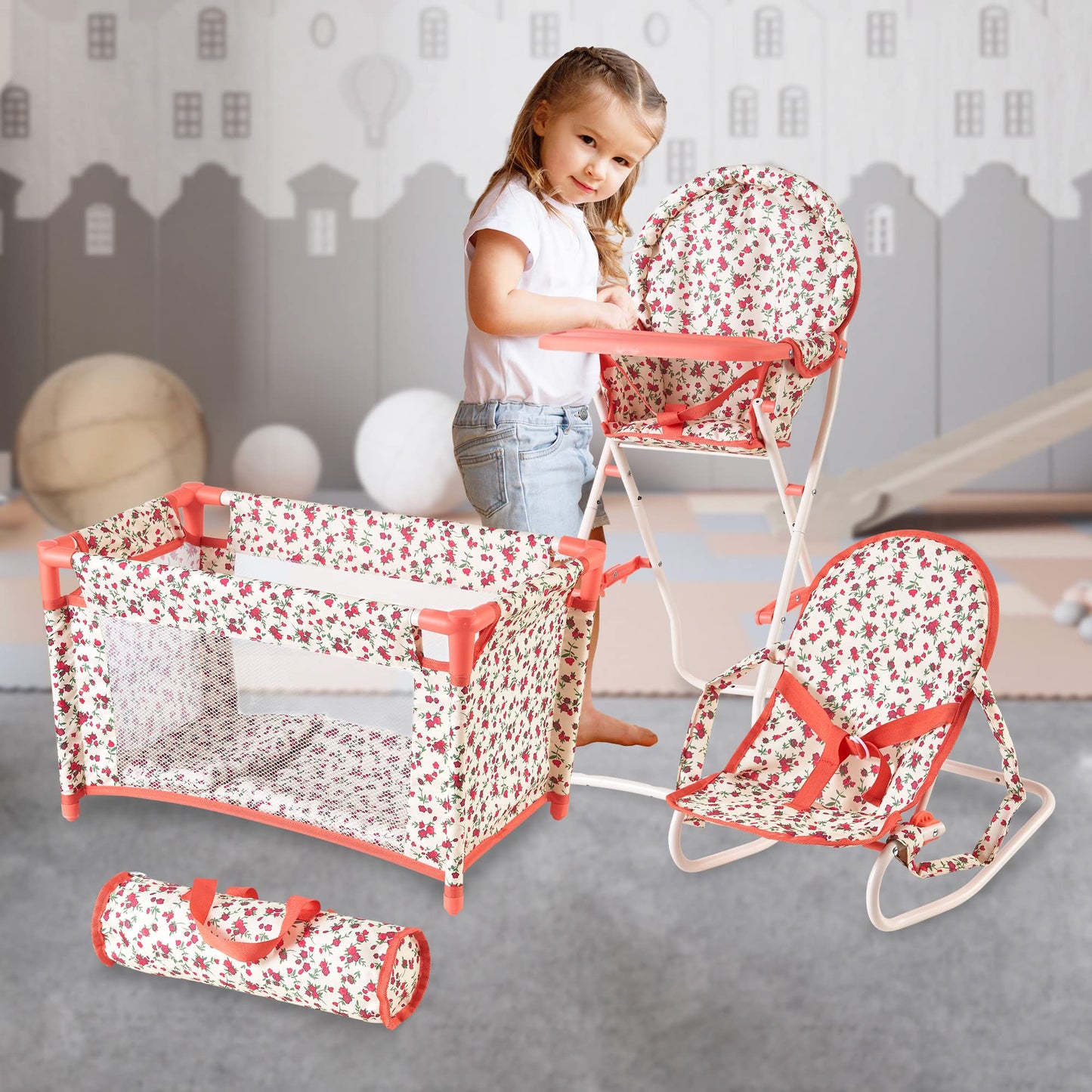 Floral Baby Doll Accessories Set, 3-1 Baby Doll Crib, Baby Doll High Chair & Bouncer Seat. 18 inch Doll Accessories with Doll Bed. 18" Dolls Furniture Play Stuff. Toys for Girls Ages 3-5,4-6,5-7,8-10
