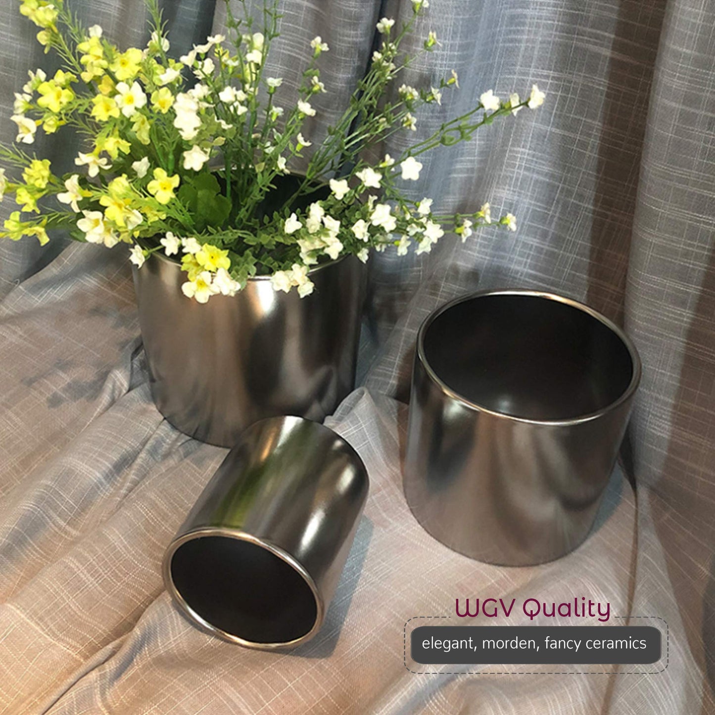 WGVI Silver Ceramic Cylinder Vase Width 6.5" Height 6", Flower Arrangements, Candle Holder, Terrarium Planter Pot, Storage Container Organizer, Pen Brush Holder, Smooth Silver Tabletop Decor, 1 Pc