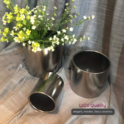 WGVI Silver Ceramic Cylinder Vase Width 6.5" Height 6", Flower Arrangements, Candle Holder, Terrarium Planter Pot, Storage Container Organizer, Pen Brush Holder, Smooth Silver Tabletop Decor, 1 Pc