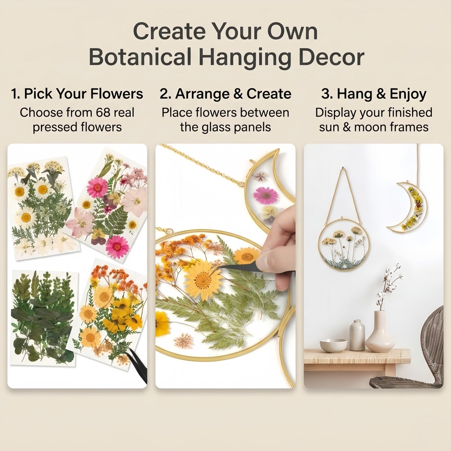 Pressed Flower Frame Kit, Sun and Moon Double Glass Hanging Frames with 68 Dried Flowers, Gold Botanical Wall Decor DIY Craft Kit for Adults, Flower Lover Gift for Mother’s Day & Birthday