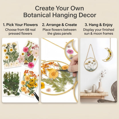 Pressed Flower Frame Kit, Sun and Moon Double Glass Hanging Frames with 68 Dried Flowers, Gold Botanical Wall Decor DIY Craft Kit for Adults, Flower Lover Gift for Mother’s Day & Birthday