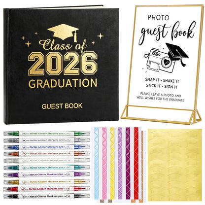 Pajean 2026 Graduation Guest Book Set with Photo Guest Book Sign Holder Dual Tip Pens Photo Corner Stickers Grad Cap Stickers for Congrats Grad Party Supplies Favors Gifts(Black Gold)