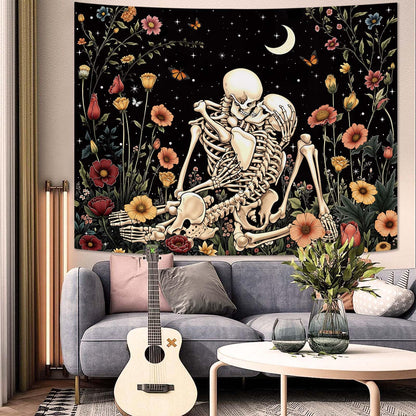 Haibimen Skeleton Tapestry Wall Hanging Dark Romance Moon Stars Butterfly Floral Skull Gothic Tapestries for Bedroom Aesthetic Wallpaper Decor for Living Room, Dorm (Black 1, 60''×44'')