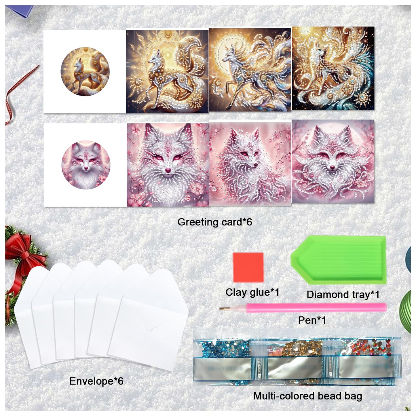 JZHYOAN 6 Packs Animal Diamond Painting Greeting Cards Kits for Adults DIY Nine-Tailed Fox Diamond Art Birthday Card with Envelopes Art and Craft Card Making Kits for Birthday Holiday Congratulation