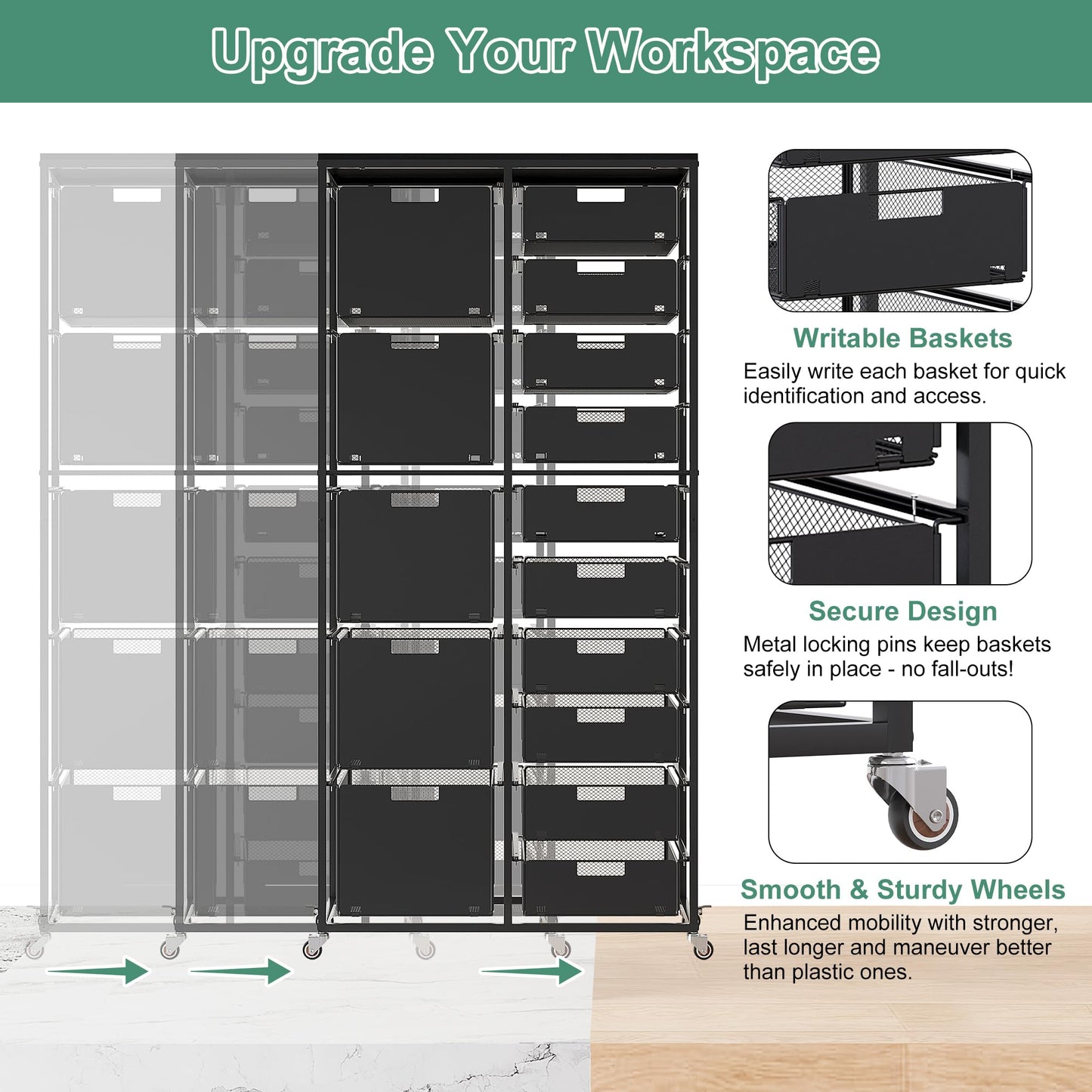 EasyPAG Rolling Storage Cart With 15 Drawers, Metal Craft Organizers And Storage Cart With Wood Tabletop, 30 Lbs Capacity Per Drawer For Home Office Classroom And Dorm, Black