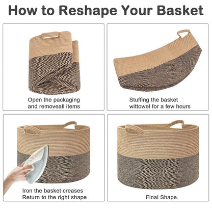 HZFTJOY Large Woven Blanket Basket,65L Cotton Rope Laundry Basket Hamper with Handles, Decorative Nursery Basket Storage Bin for Toys, Clothes Organizer, Living Room, Bedroom, Bathroom, White & Brown