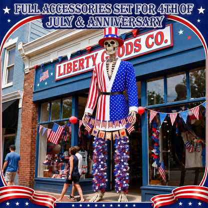 Ramede 8 Pcs 4th of July 12 ft Skeleton Outfit Accessories, Patriotic Red White Blue Hat USA Star Stripes Coat Banners & Tinsel Garlands for 12 Foot Skeleton Costume 250th Anniversary Outdoor Decor