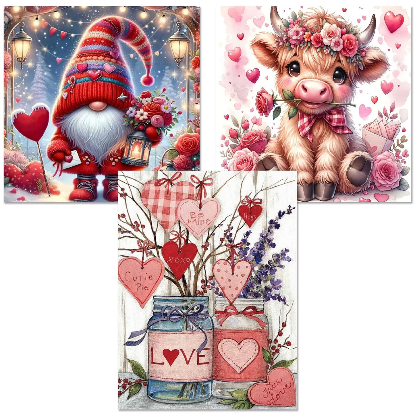 3 Pack Diamond Art Kits for Adults, Valentine's Day Diamond Painting Kits for Adults, 5D DIY Gem Art Paint With Diamonds Dots Crafts Kits for Home Decor Gift 12x16in/14x14in (Gnomes Cow and Flowers)