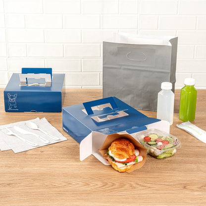 Restaurantware Cater Tek 9 x 9 x 3.5 Inch Cake Boxes 50 Disposable Lunch Boxes - Display Window Pop-Up Handles Frenchie Paper Pastry Boxes Grease Impermeable Shipped Flat