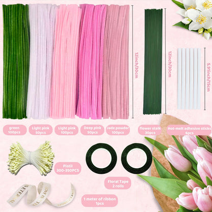 CITYBAN 400PCS Pipe Cleaners Craft,5 Assorted Pipe Cleaner Flower Kit,Kit with Floral Wires, Gardening Tape, Stamen, Floral & Ribbon, Pipe Cleaners Bulk,Ideal for DIY Projects