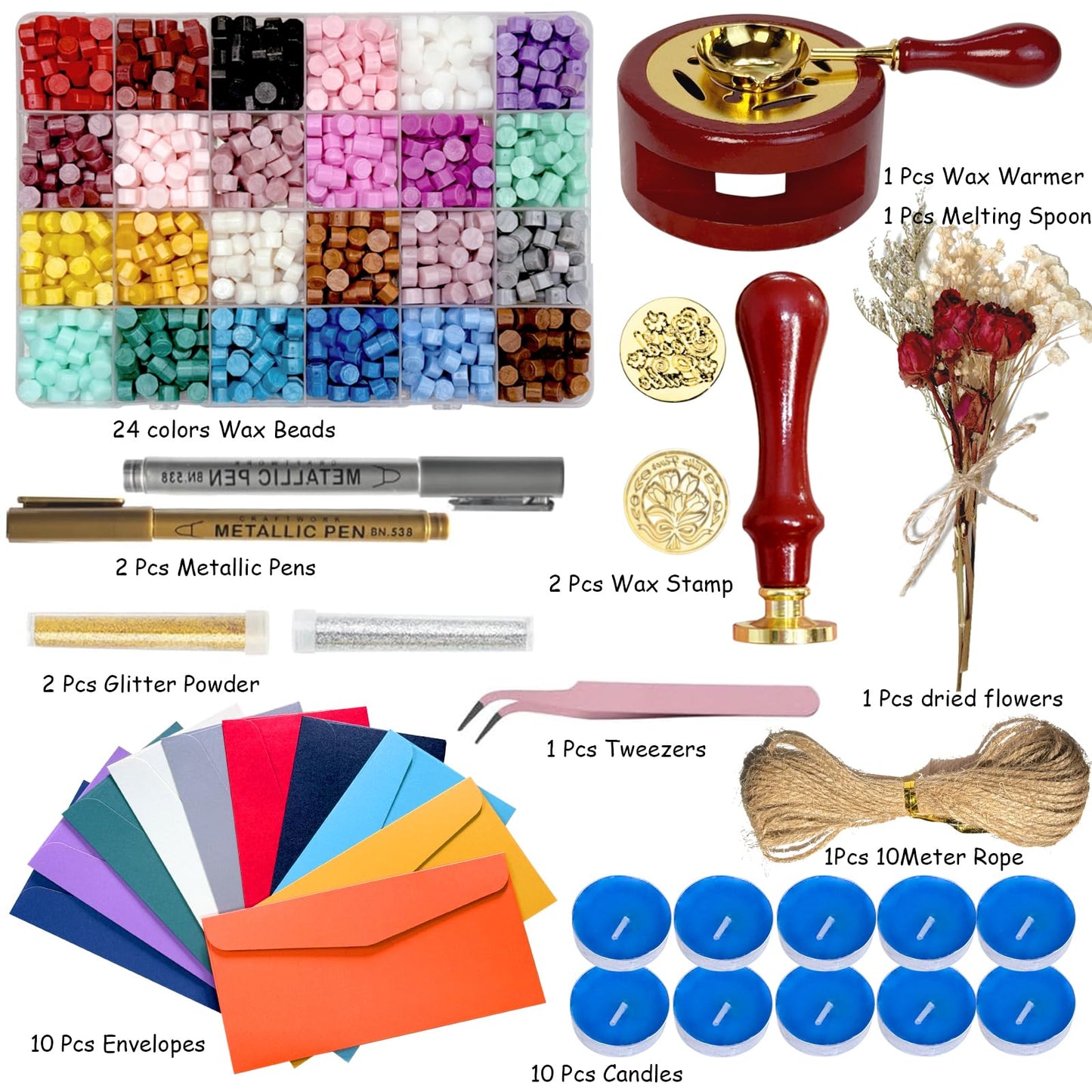 Wax Seal Kit, 24 Colors Sealing Beads, 2 Pcs Stamp,Sealing Wax Warmer, Metallic Pen, Envelope,Dried Flower,Candles for Wedding Birthday Gift and DIY Craft