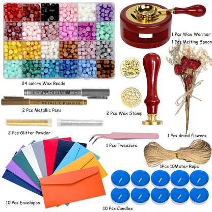 Wax Seal Kit, 24 Colors Sealing Beads, 2 Pcs Stamp,Sealing Wax Warmer, Metallic Pen, Envelope,Dried Flower,Candles for Wedding Birthday Gift and DIY Craft