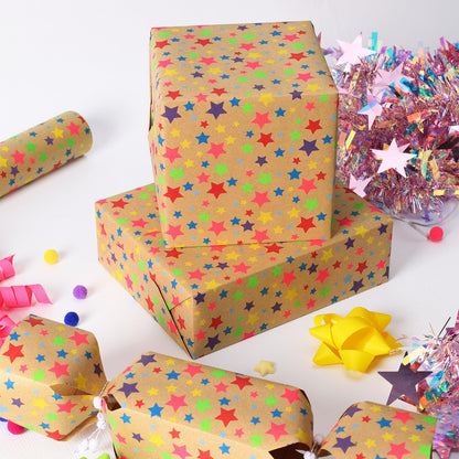 BIOBROWN Kraft Wrapping Paper Roll Colorful Stars Design Perfect for Birthday Holiday Wrap 17 inch X 33 feet