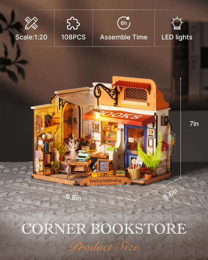 Rolife DIY Miniature House Kit 1:20 Scale Bookstore, Build Mini House Building Kit with LED Lights Craft Kits for Aduls Gifts for Him Her