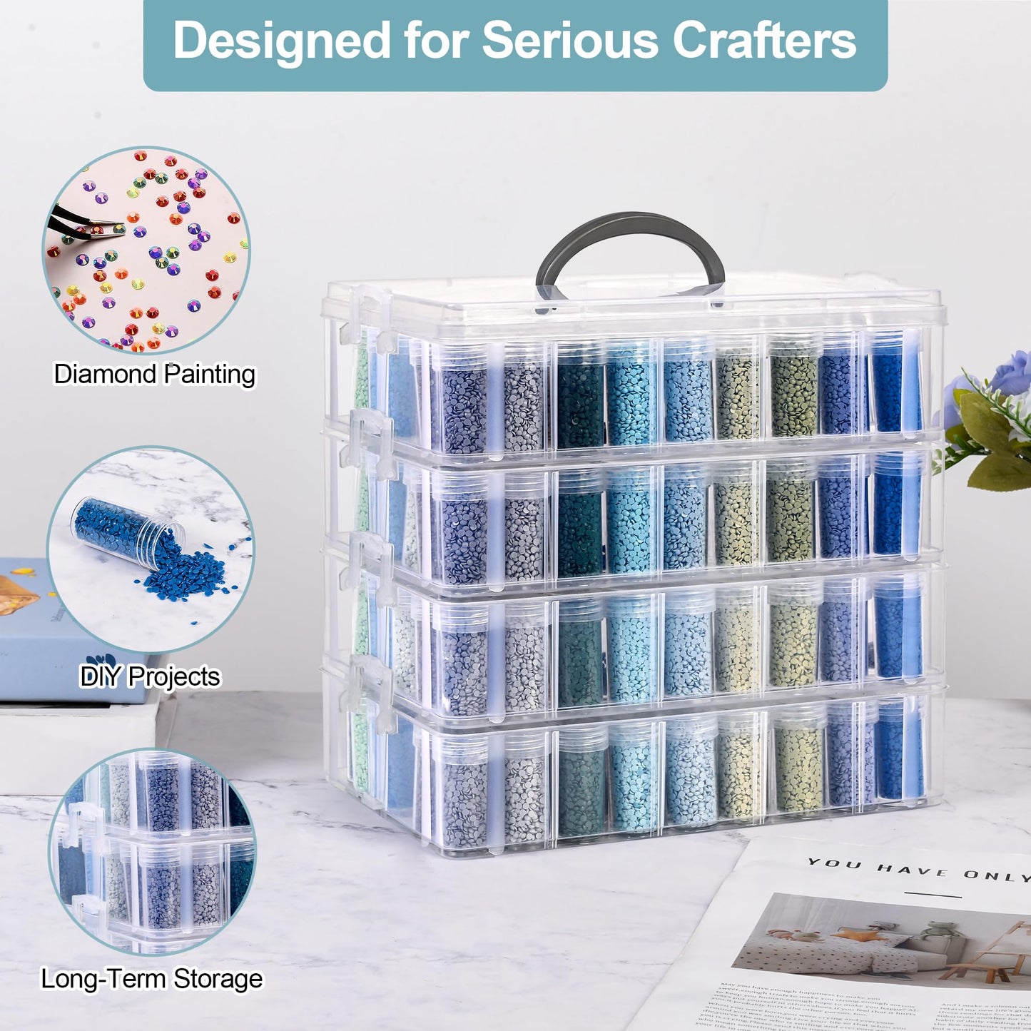 MERATIA Diamond Painting Storage Container, 4-Tier Bead Organizer Box with 200 Slots, Stackable Crafts Organizers for DIY Diamond Art Accessories Craft Jewelry Bead Storage