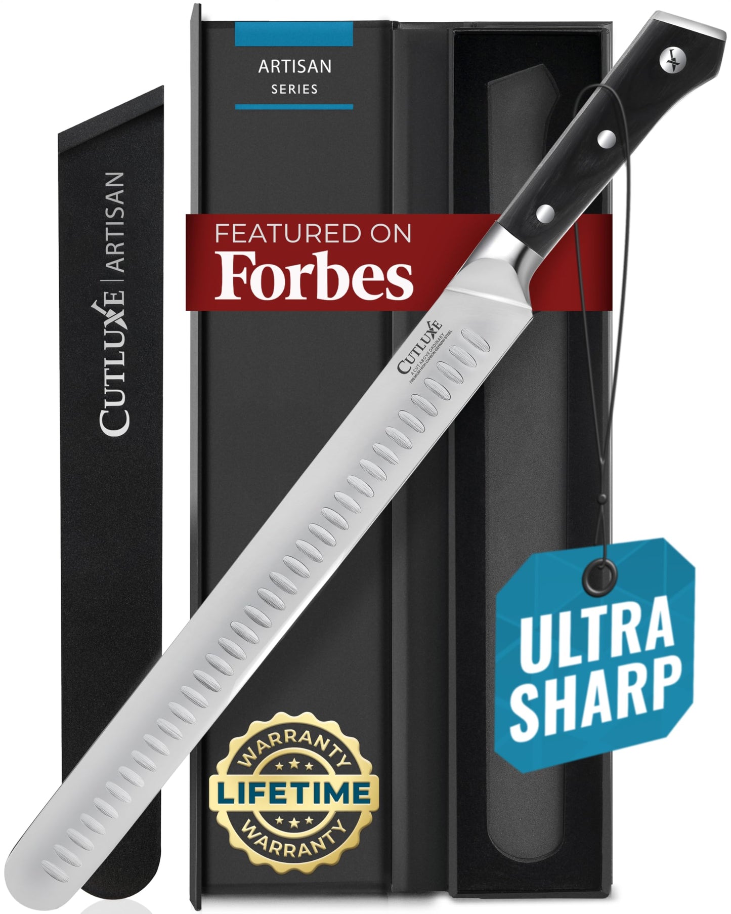 Cutluxe Brisket Knife – 12" Carving & Slicing Knife for Meat & BBQ – Razor Sharp German Steel, Sheath Included, Ergonomic Full Tang Handle Design, Fathers Day Gift For Dad – Artisan Series
