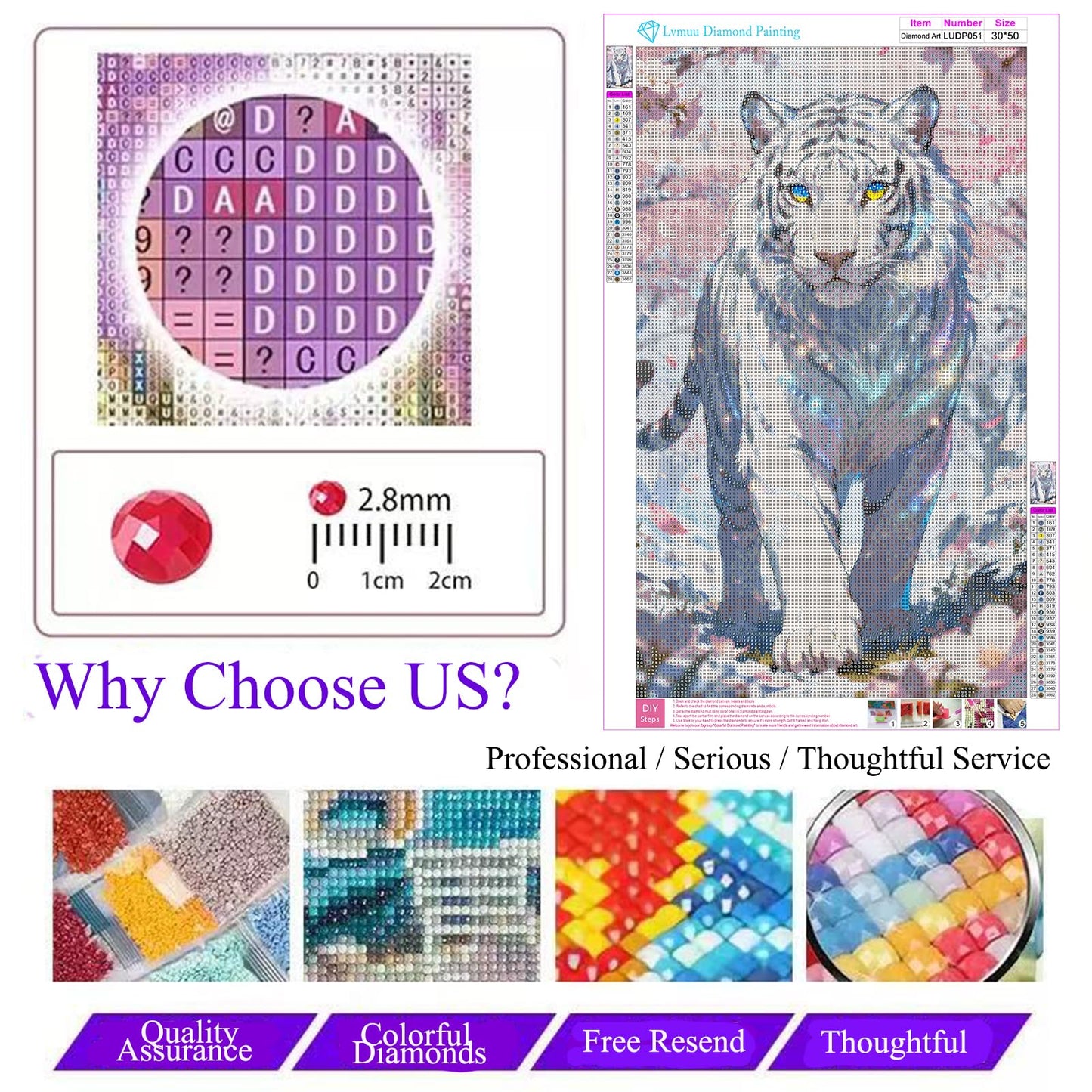 Lvmuu White Tiger Diamond Art Kits for Adults, Full Round Drill Animal Diamonds Painting Sets for New Beginner Paint with Shiny Beads Art Crafts Home Decoration 30x50cm