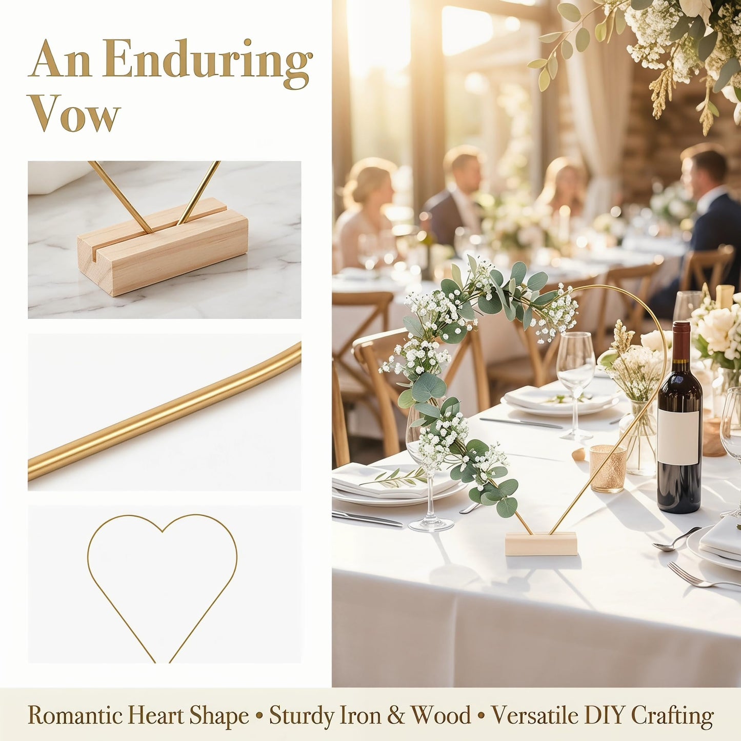 jojofuny 10 Sets Heart Shaped Floral Hoop Centerpiece with Wooden Stand, 9.8" x 10.6" Metal Wreath Rings, Gold Heart Wire Hoops for Wedding Table Decorations, DIY Dream Catcher Craft Kit