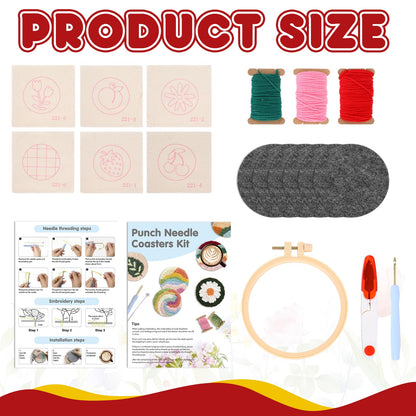 JarThenaAMCS Punch Needle Coaster Kit Easy DIY 6 Pattern Spring Summer Embroidery Set Pink Red Art Craft Supplies with Tools for Beginners Adults