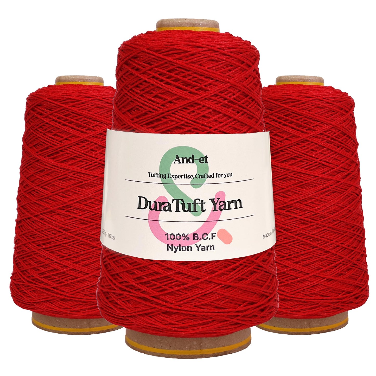 And-et DuraTuft Yarn 45 Vibrant Colors Tufting Nylon Yarn Pack - Ideal for Crochet, Craft Projects -100% B.C.F. - 3 Cones x 1.66lbs -180yards -Perfect for Rug Weaving and Knitting (06 Red)