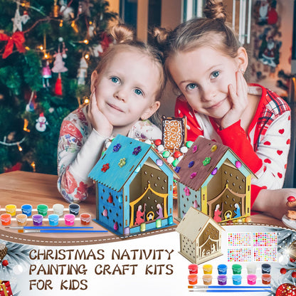 DoubleFill 24 Pcs Christmas Nativity Painting Craft Kits for Kids Make Your Own Religious Jesus House DIY Coloring Wooden Christian Nativity Craft for Classroom Art Sunday School