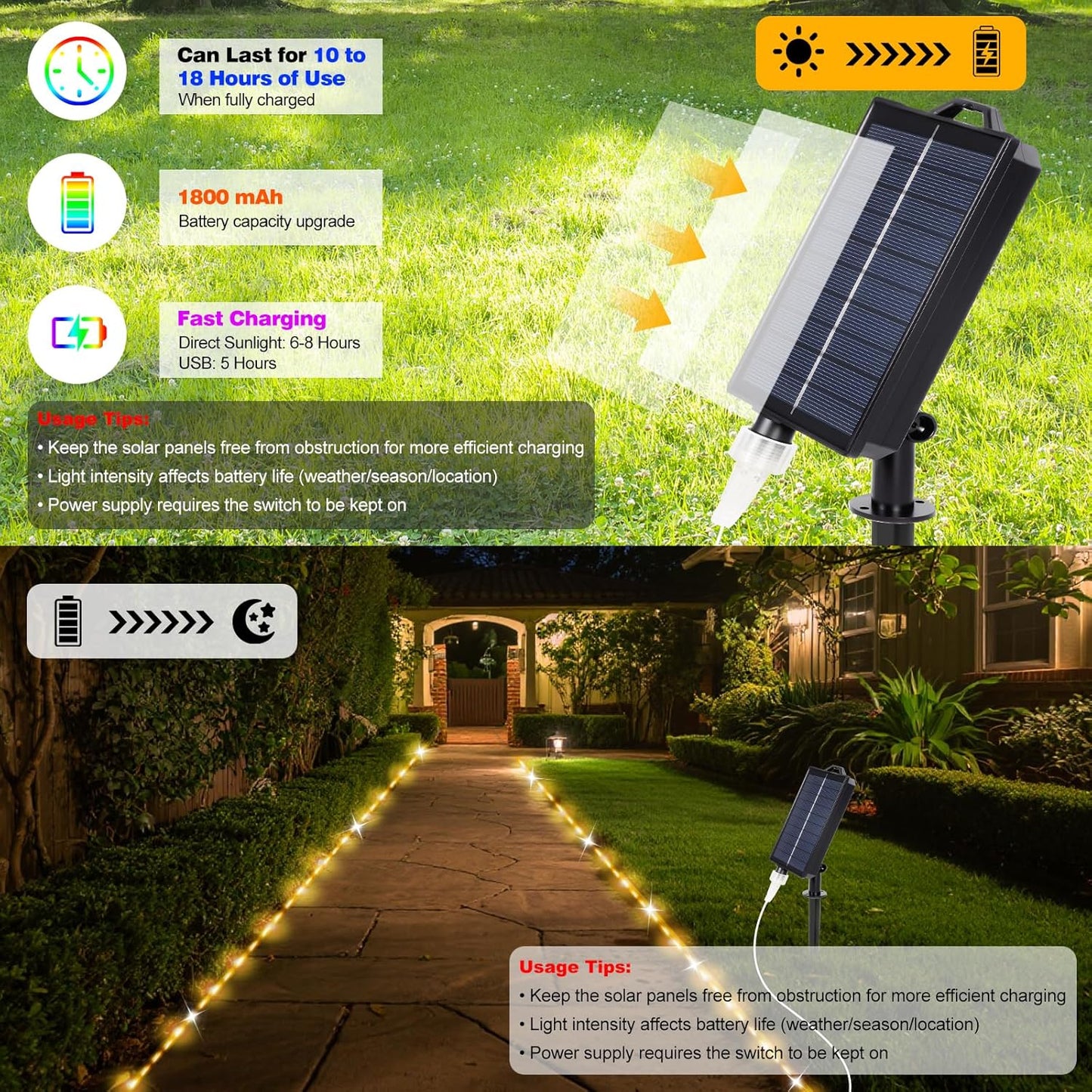 16FT 50 18 5 LED Solar Rope Lights, Colors with Timer, Modes, Waterproof Plug-in Remote Control Camping String Lights